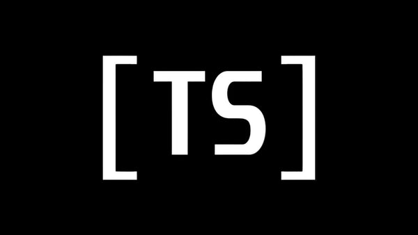 White brackets with 'TS' inside on a black background